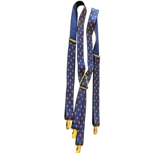 Vintage CAS West Germany Suspenders Clips Navy Blue Red Diamond Mens Formal - Picture 1 of 3
